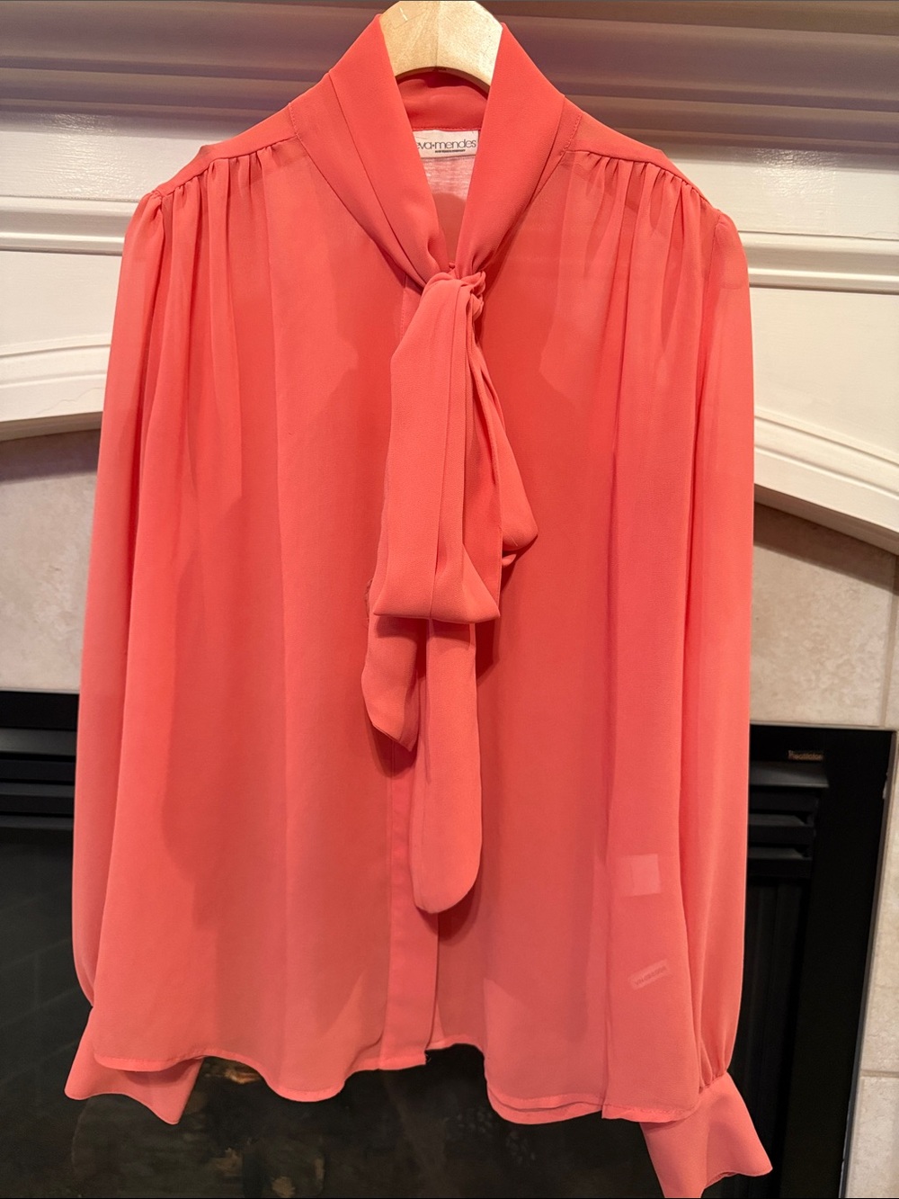 eva mendes for New York & Company Coral-Orange Tie Neck Blouse